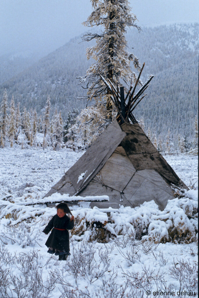 Les nomades Tsaatan  changent l'emplacement  de leur urt plusieurs fois par an. L'hiver ils s'installent en dehors des forêts.