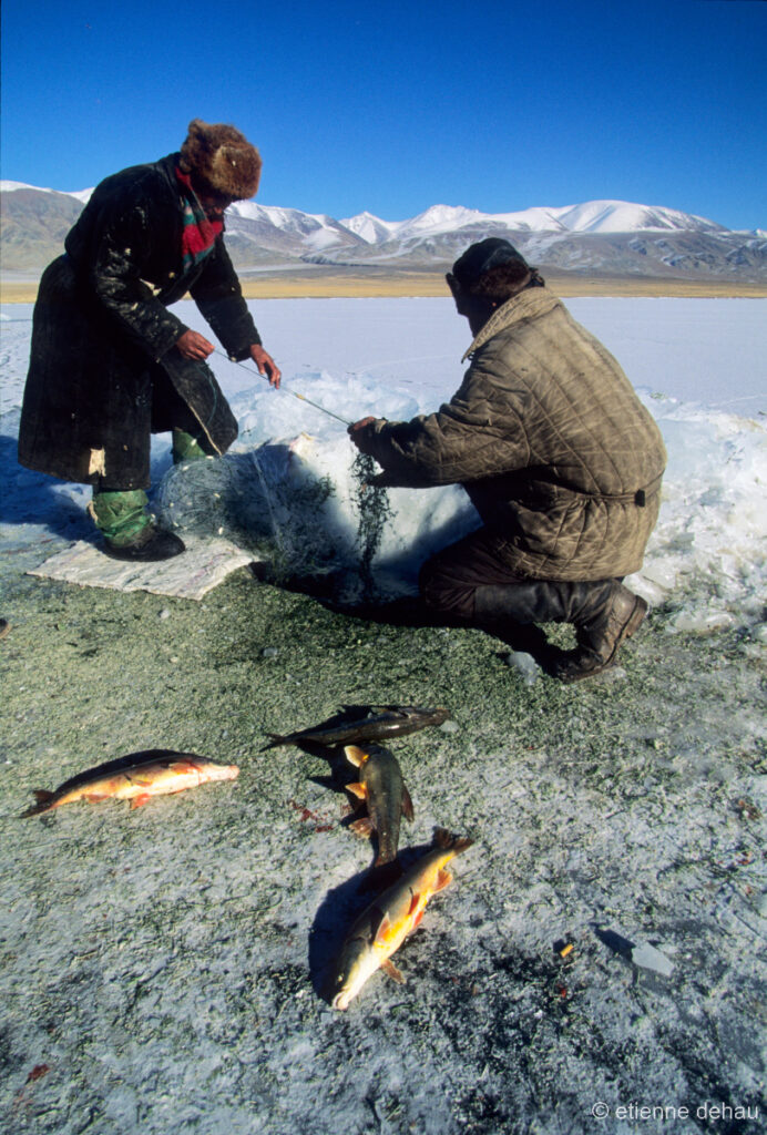 l'hiver les Mongols creusent des trous dans la glace pour pêcher des poissons.