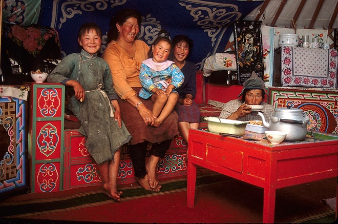 family-yurt-mongolia nomadic family under the yurt in Bulgan province, Mongolia